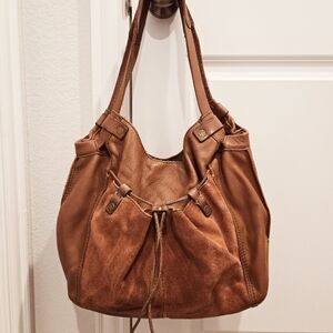 LUCKY BRAND COGNAC SUEDE/LEATHER DRAWSTRING HOBO SHOULDER HANDBAG